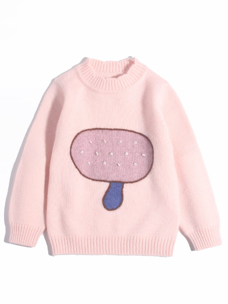 Kids Soft Pink Mushroom Knit Cashmere Pullover Sweater